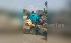 Family of four balance on wooden planks attached to motorbike