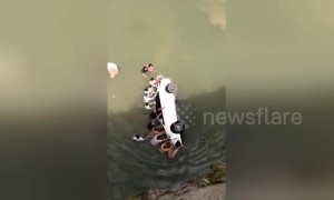 Residents save people trapped in car after it flips over into river in China