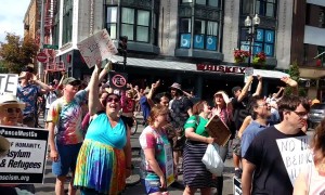 Protesters chant "Close the Camps" in protest against Trump's immigration policy