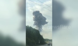 Eyewitness video captures moment Russian arms depot explodes