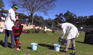 Australian science teachers amuse students with giant cola-powered rocket launch