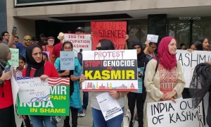 Hundreds gather outside United Nations headquarters in New York to protest India's intervention in Kashmir