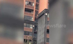 Man climbs down building with grandson on his back to escape a fire in southern China