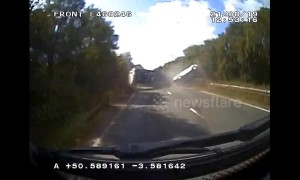 Motorists and pet dog survive horrific caravan crash in UK caught on dashcam