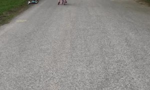 Beginner Bicyclist Slowly Swerves into Sibling