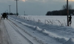 Amish Man Skis Behind Horse Drawn Wagon