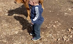Boy More Excited Than Dog About Walk Time
