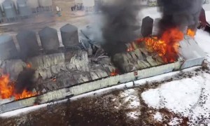 Drone Captures Footage of Collapsed Burning Barn