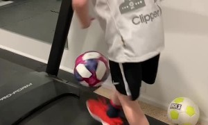 Kid Shows Off Excellent Soccer Skills on Treadmill