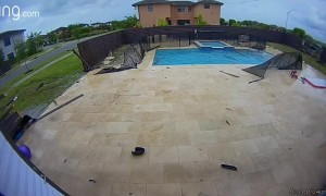 Car Slams Through Fences and Skims Across Pool