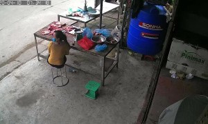 Motorcyclist Runs into Butcher Table in Close Call