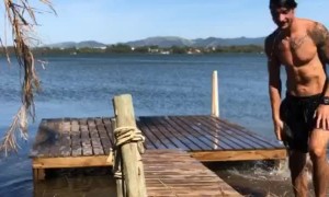 Dog Trips Friend Running onto Pier