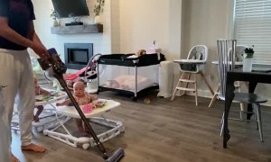Twin Daughters and Dad Go Clean the House