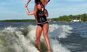 Waterskiing While Perched on Shoulders