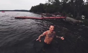 Boy Tries to Muster Up Courage to Jump off Dock to Dad