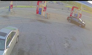 Trash Truck Tire Meets Car Caboose in Gas Station Conundrum