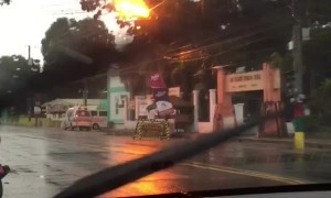 Sparks Fly as Strong Winds Blow Power Line Into Trees