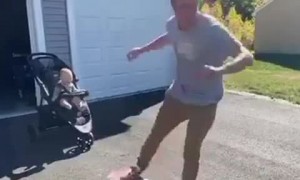 Toddler's priceless reaction to dad's awesome skateboard skills