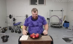 Strong Man Splits Fruit with Single Hand