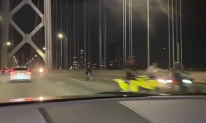 Bikers riding in the wrong direction on the Golden Gate Bridge