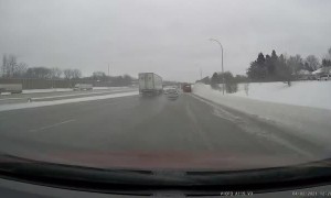 Car Spins out on Slick Roads and Dodges all Traffic