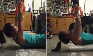 Stubborn Puppy Is Determined To Join Owner's Workout Routine