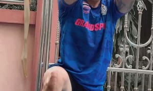 Centipede Scuttles up to Exercising Man