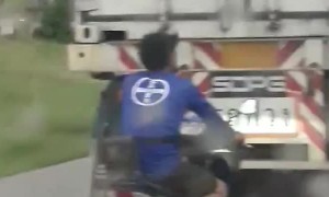 Motorcycle Man Bumper Jumping Cargo Truck