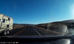 Car Swerves off Road to Dodge Truck Passing Semi