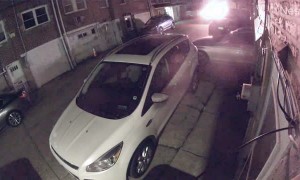 Speeding Car in Back Alley Smashes a Parked Car and Takes Off