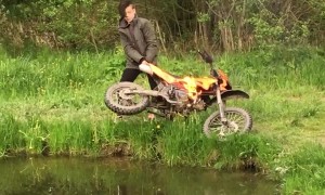 Boy Throws Flaming Dirt Bike into Lake and Retrieves it