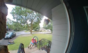 Dad on Bike Fumbles down Front Porch