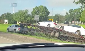 Truck Driver Takes Towed Cars on Grassy Detour