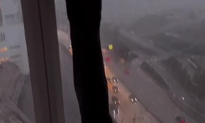 Cat mesmerized by heavy raindrops on the window  