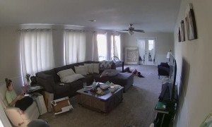 Husband Speedily Slips and Slides Around Corner