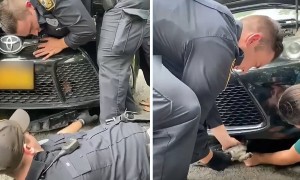Police officers rescue kitten trapped in car engine