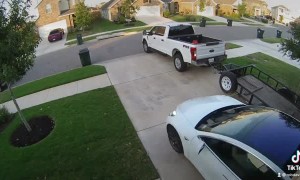Roommate Moving Tesla Out of Garage Hits Truck