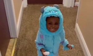 Toddler in costume caught red-handed sneaking donuts