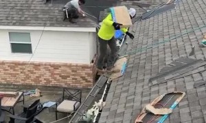 Roofer Appears to Float Up Ladder