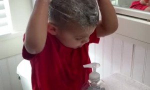Kid decides to shampoo his hair with hand soap