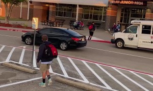 Mom with Microphone Gives Son Advice at School Drop Off