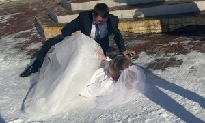 Slippery Steps Send Bride and Groom to the Ground
