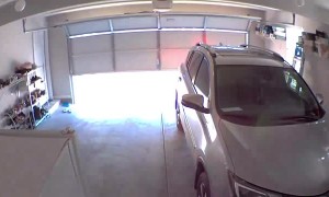 Car Backs into Garage Door Before It's Fully Open
