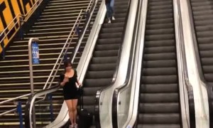 Suitcase Slides Down Escalator