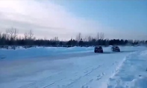 Two Drifting Cars Slide into Snow and Overturn