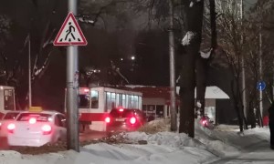 Elderly Woman Slowly Leads Tram Down the Road