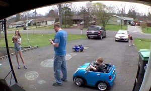 Child Sneaks Up on Dad with Toy Car