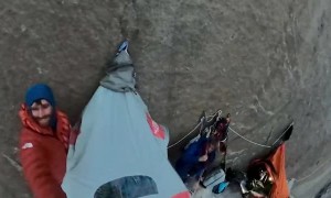 Mountain Climbers Camp Suspended on Rock Wall