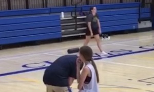 Basketball Bounces Back and Hits Bent-Over Coach