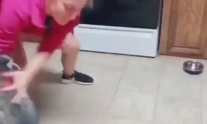 Raccoon thrilled after owner slides him across the floor